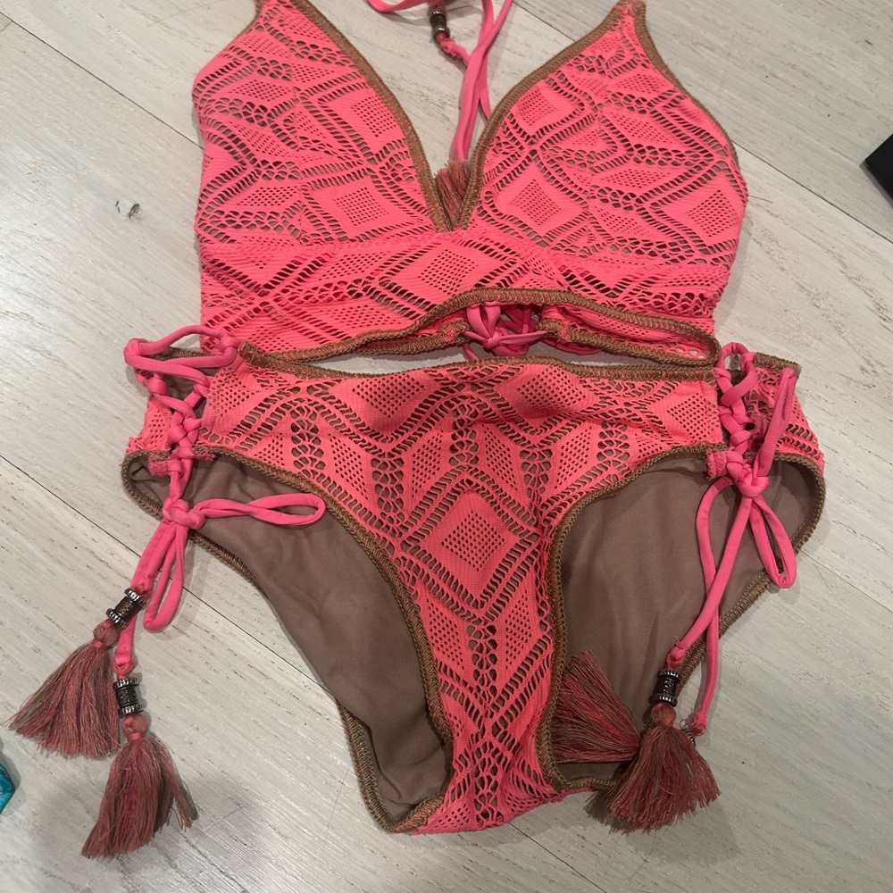 BECCA Neon Coral Crochet One-Piece Bikini with Brown Trim
